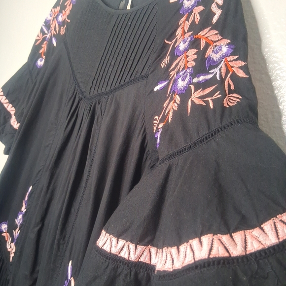 Free People Black Pavlo Floral Embroidered Ruffle Sleeve Dress Lined Bohemian S - Picture 6 of 15